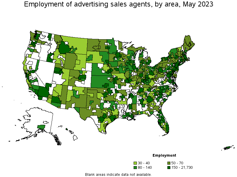 Map of employment of advertising sales agents by area, May 2023