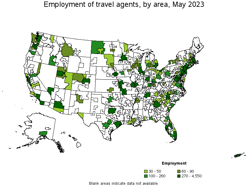 Map of employment of travel agents by area, May 2023