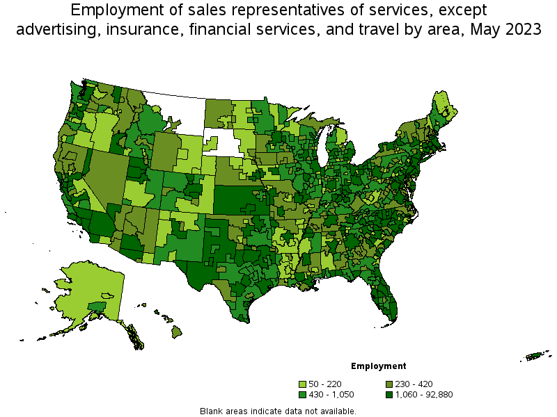Map of employment of sales representatives of services, except advertising, insurance, financial services, and travel by area, May 2023