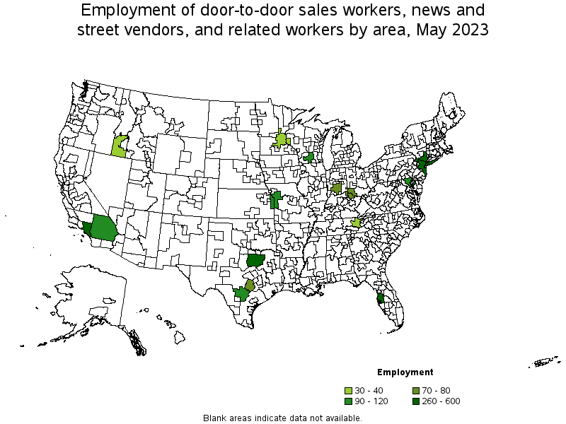 Map of employment of door-to-door sales workers, news and street vendors, and related workers by area, May 2023