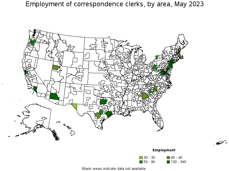 Map of employment of correspondence clerks by area, May 2023