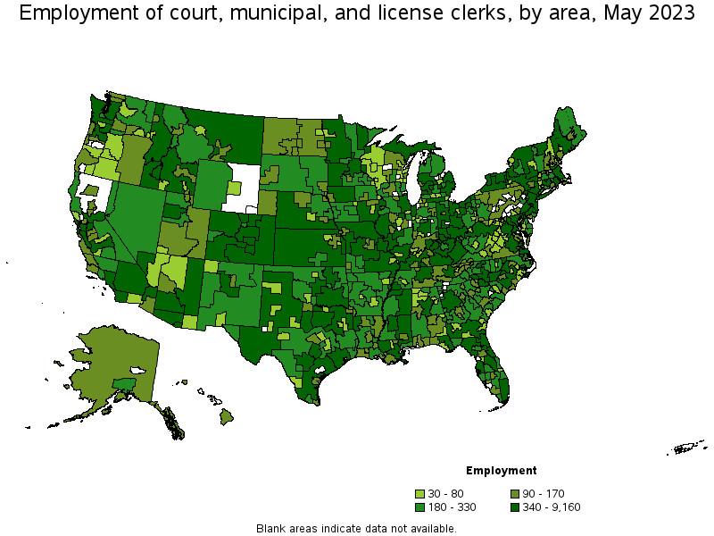 Map of employment of court, municipal, and license clerks by area, May 2023