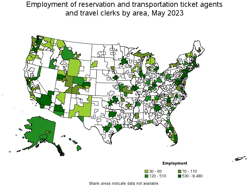 Map of employment of reservation and transportation ticket agents and travel clerks by area, May 2023