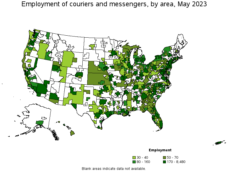Map of employment of couriers and messengers by area, May 2023
