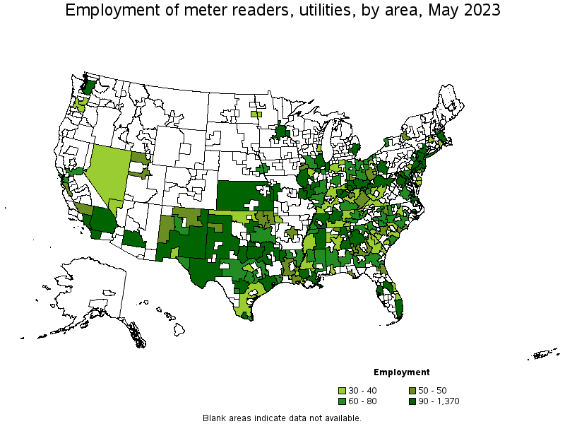 Map of employment of meter readers, utilities by area, May 2023