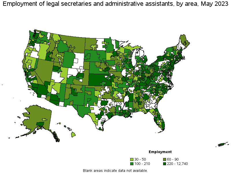 Map of employment of legal secretaries and administrative assistants by area, May 2023