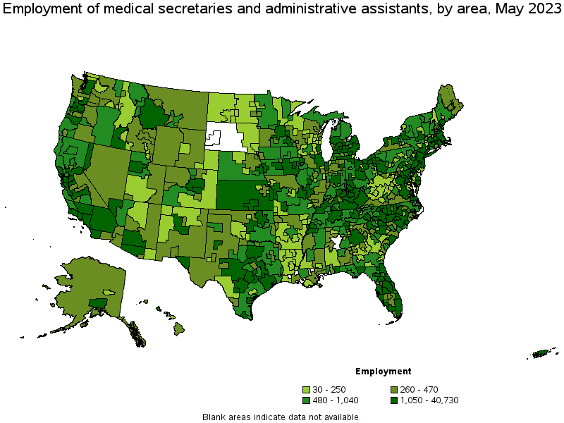 Map of employment of medical secretaries and administrative assistants by area, May 2023