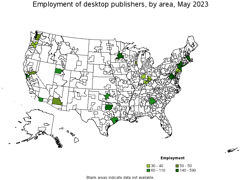Map of employment of desktop publishers by area, May 2023