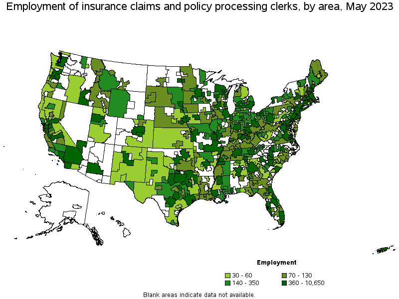 Map of employment of insurance claims and policy processing clerks by area, May 2023