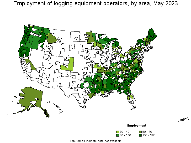 Map of employment of logging equipment operators by area, May 2023
