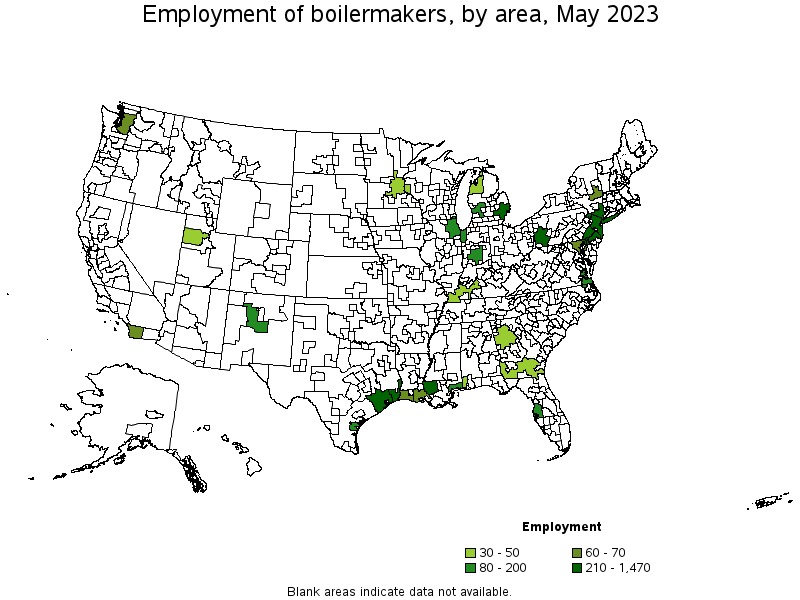 Map of employment of boilermakers by area, May 2023