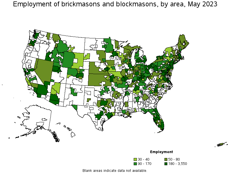 Map of employment of brickmasons and blockmasons by area, May 2023