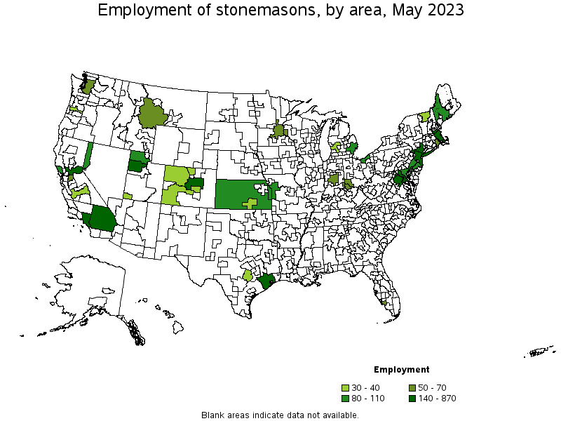 Map of employment of stonemasons by area, May 2023