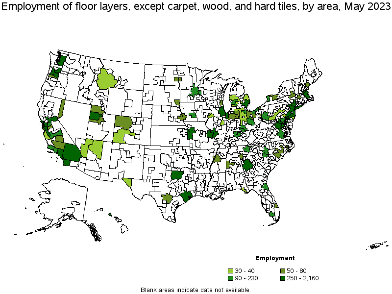 Map of employment of floor layers, except carpet, wood, and hard tiles by area, May 2023