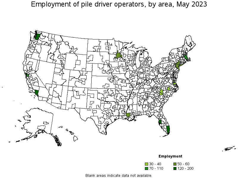 Map of employment of pile driver operators by area, May 2023