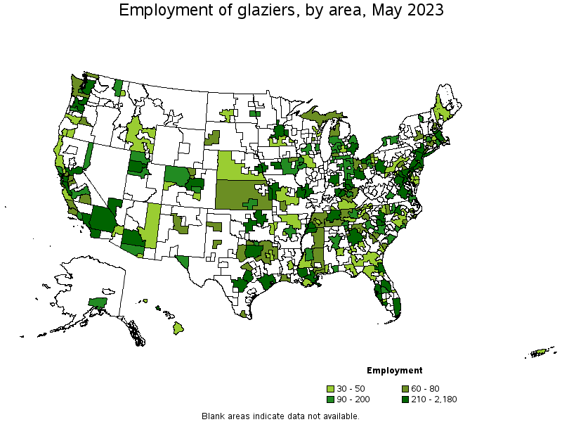 Map of employment of glaziers by area, May 2023