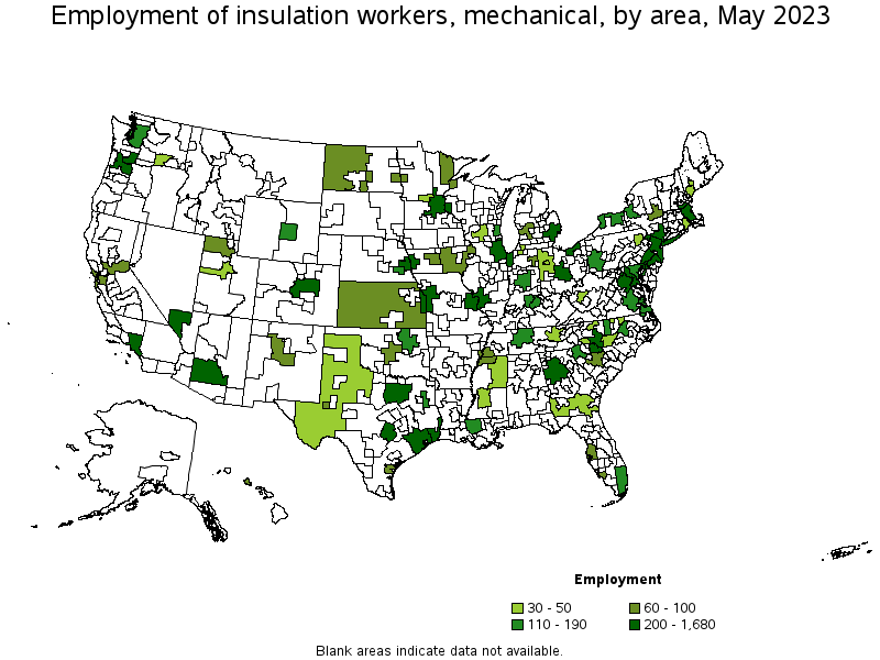 Map of employment of insulation workers, mechanical by area, May 2023