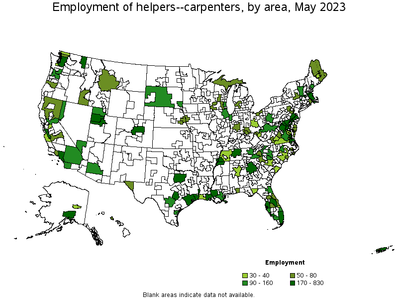 Map of employment of helpers--carpenters by area, May 2023