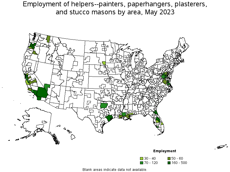 Map of employment of helpers--painters, paperhangers, plasterers, and stucco masons by area, May 2023