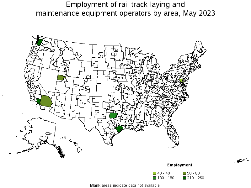 Map of employment of rail-track laying and maintenance equipment operators by area, May 2023