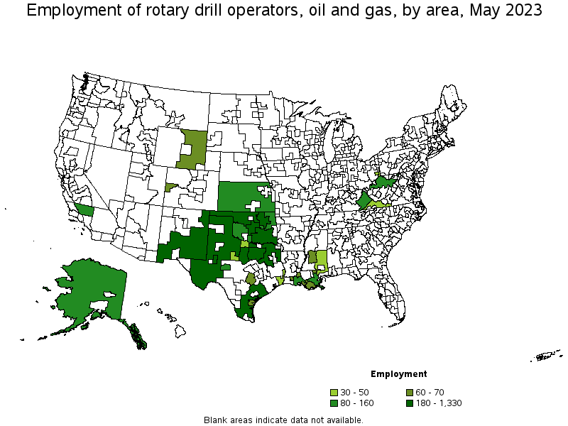 Map of employment of rotary drill operators, oil and gas by area, May 2023