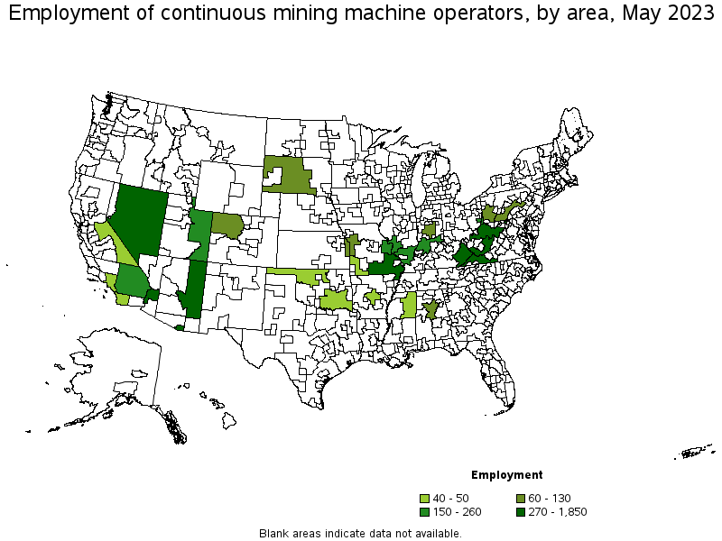 Map of employment of continuous mining machine operators by area, May 2023
