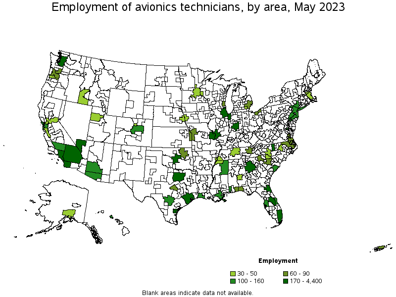 Map of employment of avionics technicians by area, May 2023