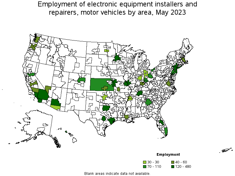 Map of employment of electronic equipment installers and repairers, motor vehicles by area, May 2023