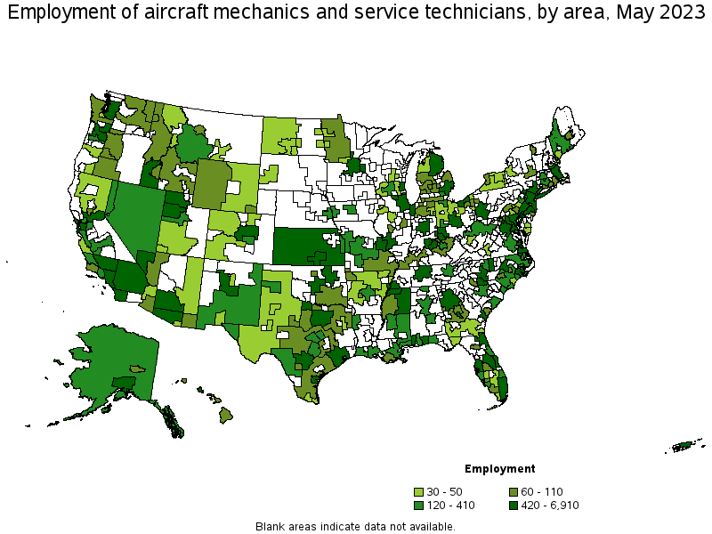 Map of employment of aircraft mechanics and service technicians by area, May 2023