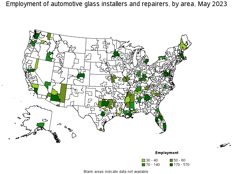 Map of employment of automotive glass installers and repairers by area, May 2023