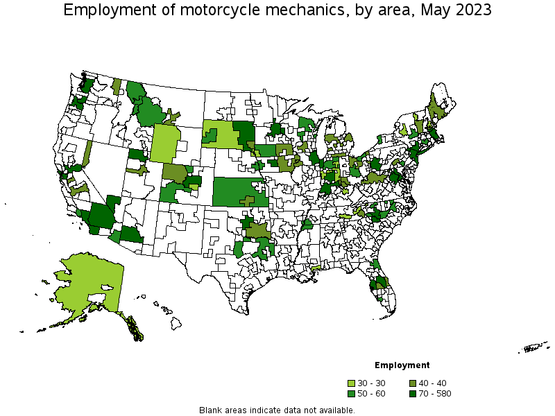 Map of employment of motorcycle mechanics by area, May 2023