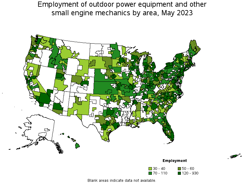 Map of employment of outdoor power equipment and other small engine mechanics by area, May 2023