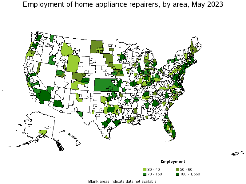 Map of employment of home appliance repairers by area, May 2023