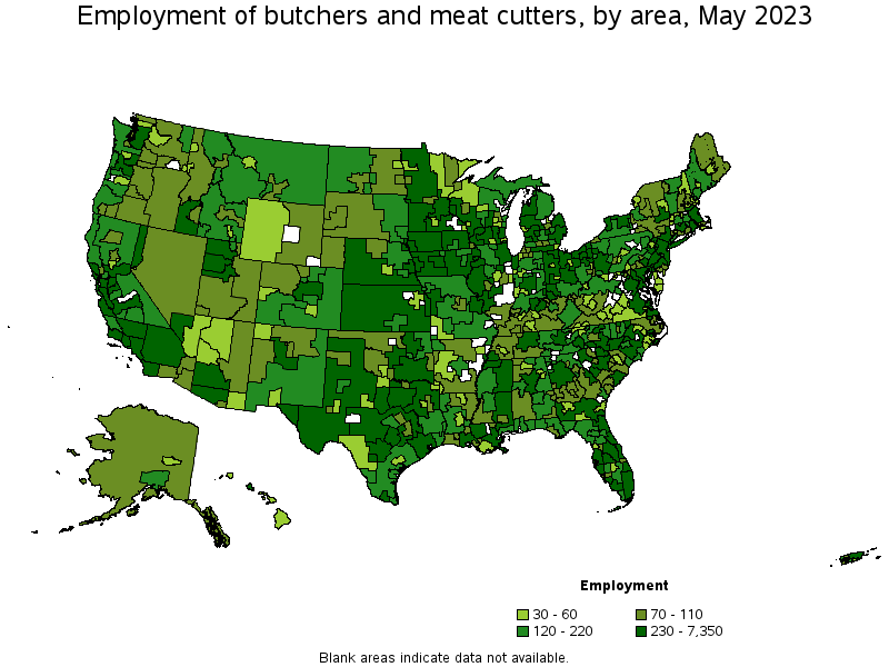 Map of employment of butchers and meat cutters by area, May 2023