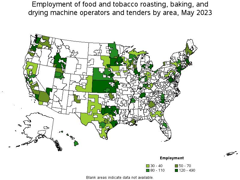 Map of employment of food and tobacco roasting, baking, and drying machine operators and tenders by area, May 2023