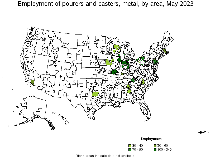 Map of employment of pourers and casters, metal by area, May 2023