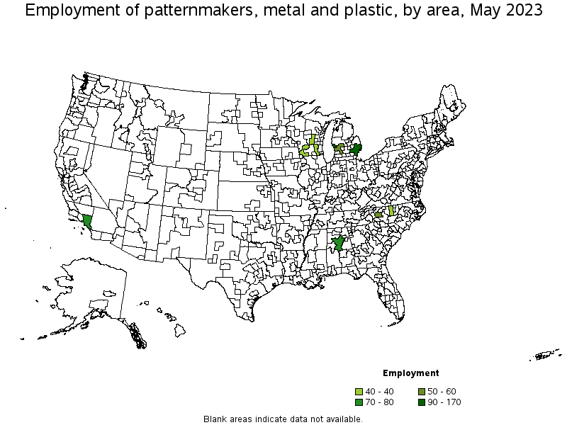 Map of employment of patternmakers, metal and plastic by area, May 2023