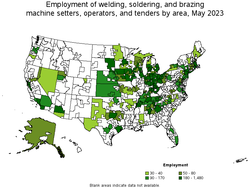 Map of employment of welding, soldering, and brazing machine setters, operators, and tenders by area, May 2023