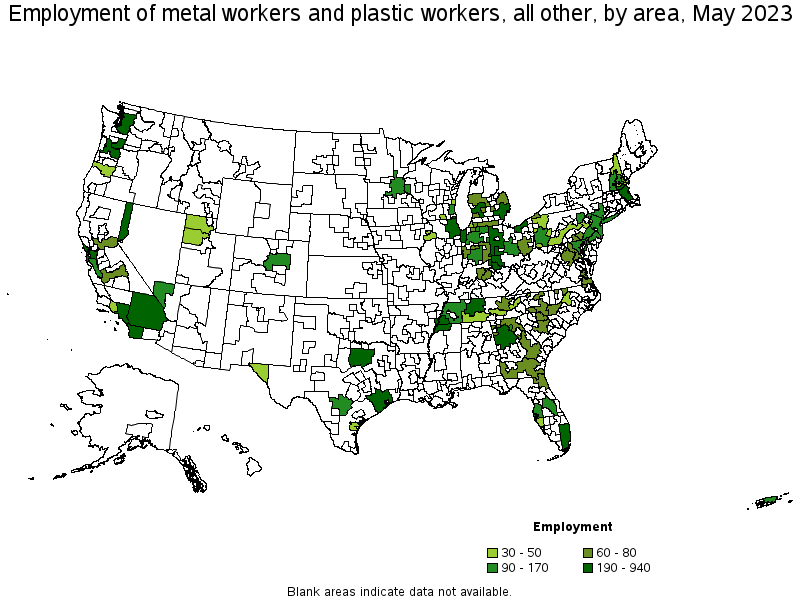 Map of employment of metal workers and plastic workers, all other by area, May 2023