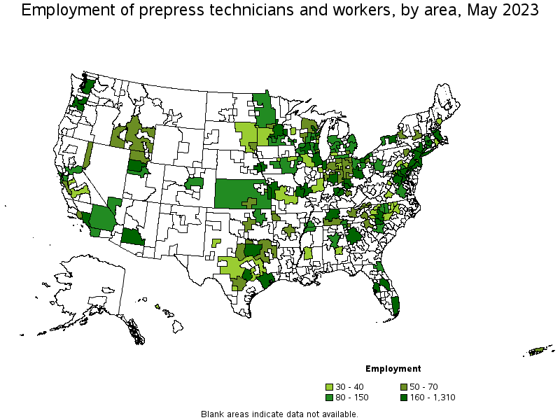 Map of employment of prepress technicians and workers by area, May 2023