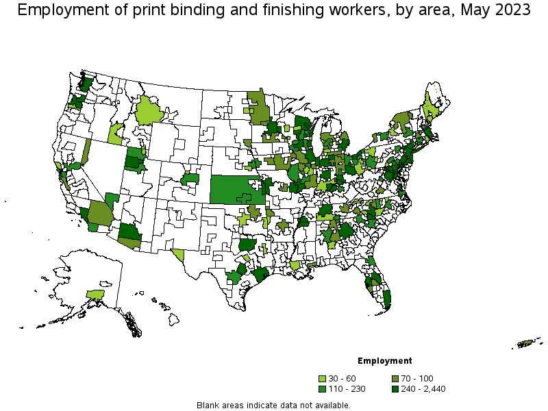 Map of employment of print binding and finishing workers by area, May 2023
