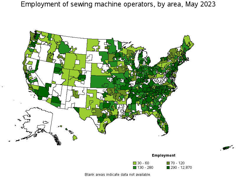 Map of employment of sewing machine operators by area, May 2023