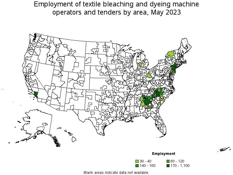 Map of employment of textile bleaching and dyeing machine operators and tenders by area, May 2023