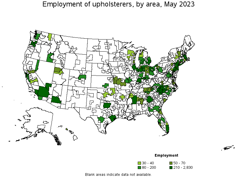 Map of employment of upholsterers by area, May 2023