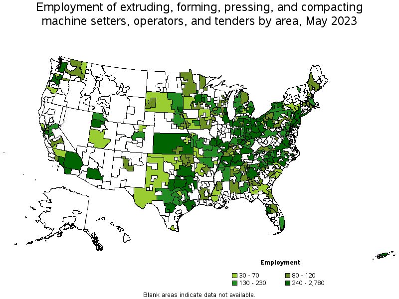 Map of employment of extruding, forming, pressing, and compacting machine setters, operators, and tenders by area, May 2023