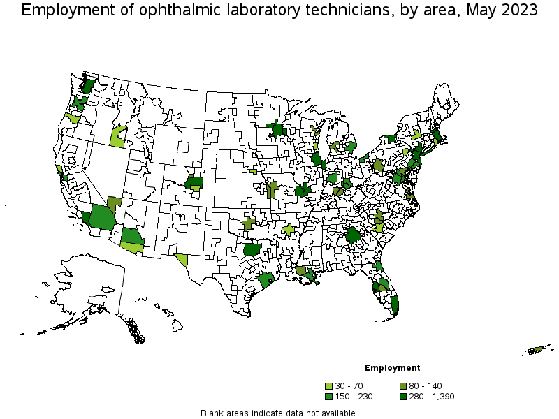 Map of employment of ophthalmic laboratory technicians by area, May 2023