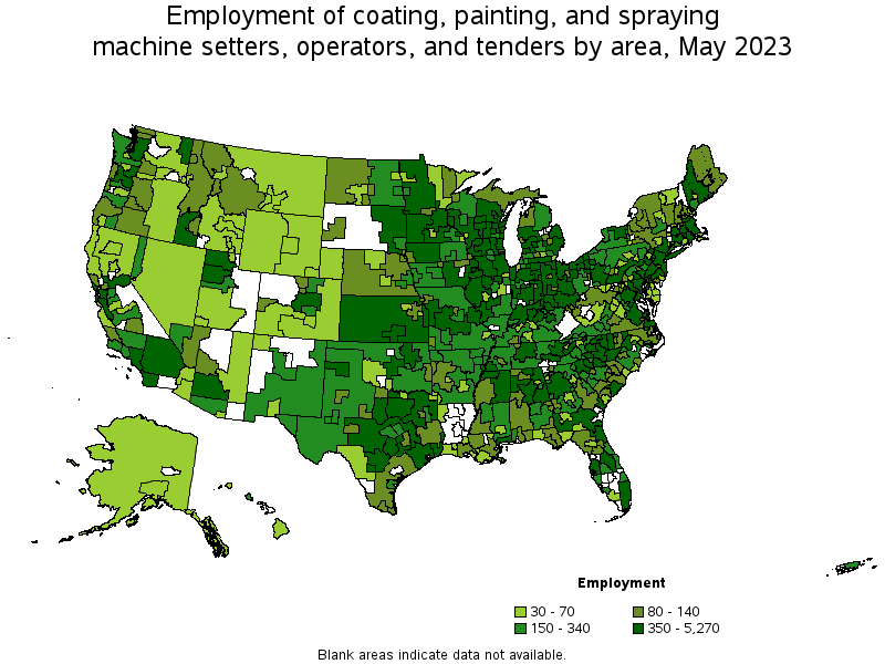 Map of employment of coating, painting, and spraying machine setters, operators, and tenders by area, May 2023