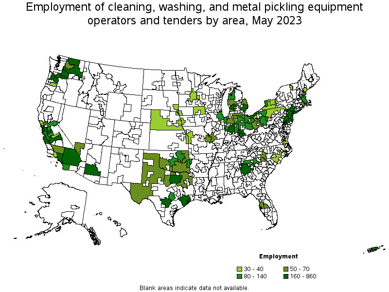 Map of employment of cleaning, washing, and metal pickling equipment operators and tenders by area, May 2023