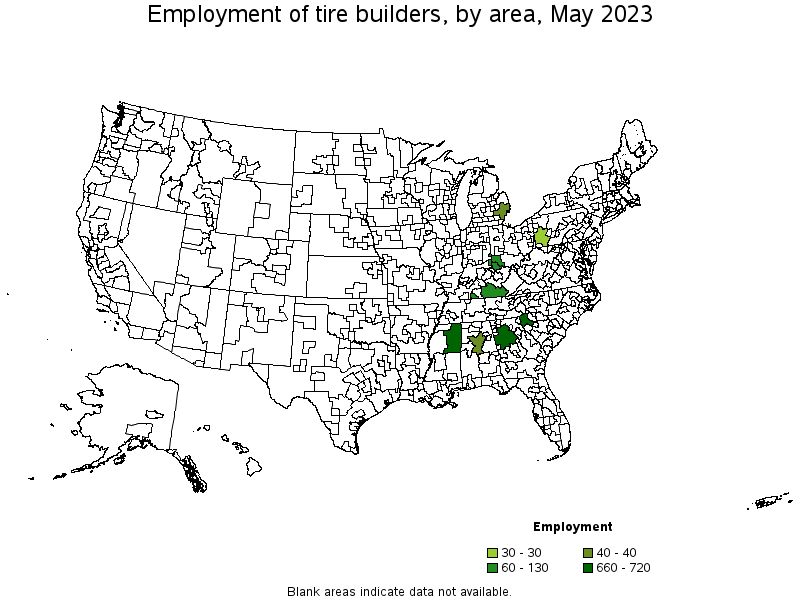 Map of employment of tire builders by area, May 2023