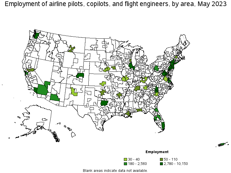 Map of employment of airline pilots, copilots, and flight engineers by area, May 2023
